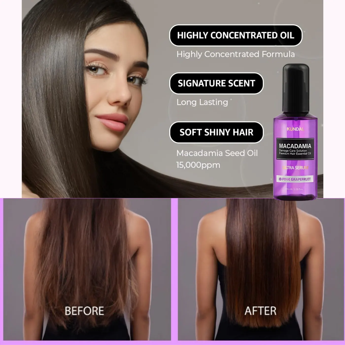 KUNDAL Macadamia Ultra Hair Serum Pink Grapefruit/ Сыворотка против пушения для волос «Розовый грейпфрут» 100мл — изображение 3